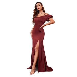 Elegant burgundy off-shoulder satin evening gown with high slit and flowing train