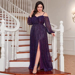 Deep purple sequin evening gown with cold-shoulder design and high slit on a staircase