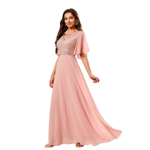 Elegant pink V-neck evening gown with sequined bodice and ruffled chiffon maxi skirt