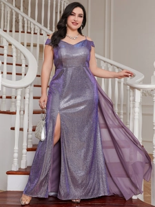 Detail of purple sequin evening gown with sexy high slit and elegant chiffon cape train