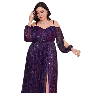 Elegant plus size purple sequin evening gown with sexy high slit and cold shoulder design