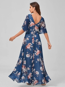 Detail of elegant V-neck backless floral maxi dress with flare sleeves in dark blue