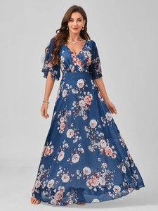 Detailed view of elegant V-neck floral print dress with ruffle sleeves and chiffon texture