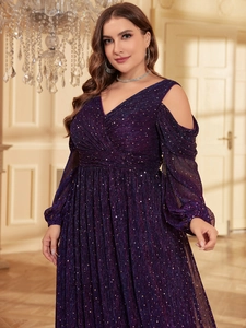 Elegant plus size purple sequin evening gown with cold-shoulder long sleeves and V-neck