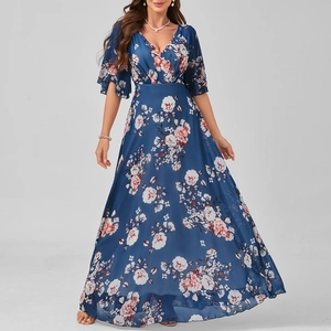 Detail of V-neck floral maxi dress with butterfly sleeves and pink flower prints