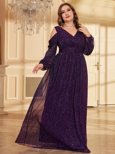 Elegant plus size deep purple sequined evening gown with v-neck and off-shoulder sleeves