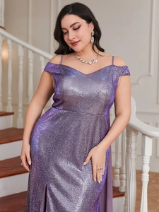 Detail shot of shimmering purple sequins and V-neckline on this elegant evening gown