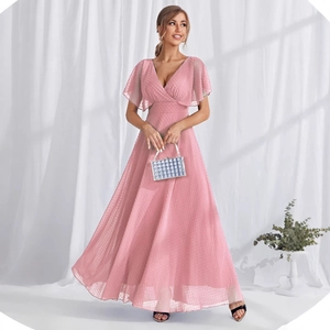 Elegant Swiss Dot Evening Maxi Dress Deep V Neck Flutter Sleeve High Waist Backless Party Wedding Guest Dress For Women