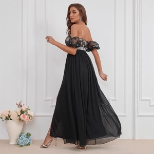Elegant off-shoulder black gown with sequined lace embroidery and sheer lantern sleeves