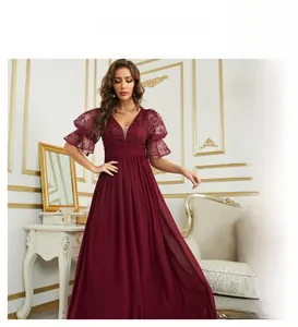 Detailed lace floral embroidery on high-waist wine red chiffon evening gown