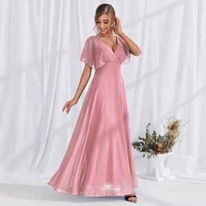 Elegant pink V-neck maxi dress with dobby dot texture and ruffle sleeves for evening events