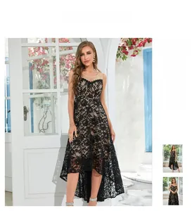 Detail of elegant black floral lace evening dress with high-low hem and sheer neckline