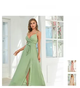 Detail of elegant V-neck strap dress featuring waist bow and high side slit design