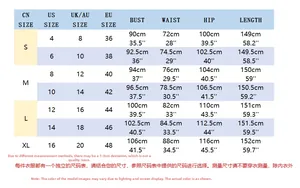 Detailed size guide for elegant summer party dresses with US UK AU EU conversion chart