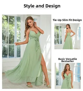 Detail of light green evening dress featuring slim fit waist tie and high slit design