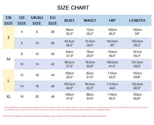 Detailed size chart for elegant evening dress with international measurements