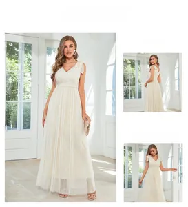 Elegant ivory lace dress with V-neckline and shoulder bow details for formal events