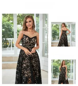 Detail of elegant black sleeveless lace evening dress with sheer mesh neckline and floral patterns
