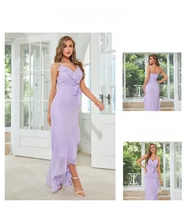 Detail view of light purple V-neck sleeveless dress with ruffles and irregular hem