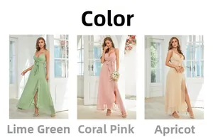Three elegant long dresses in lime green, coral pink and apricot with side slit details