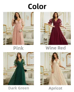 Elegant V-neck evening gown detail showing lace sleeves in pink, wine, green and apricot