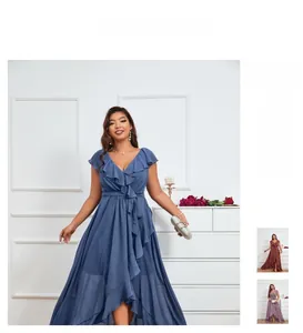Detail of V-neck chiffon dress with ruffled sleeves and tiered high-low hemline in blue