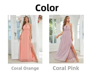 Détails du décolleté licou et de la fente haute pour les robes en orange corail et rose corail