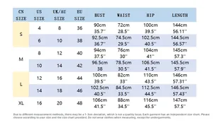 Detailed size guide for evening gowns with US, UK, and EU measurements in cm and inches
