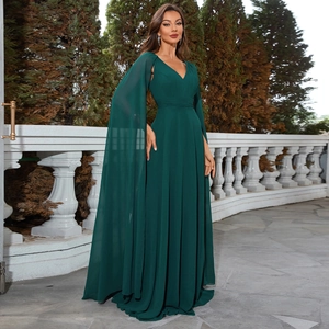 Elegant Dark Green V-Neck Cape Sleeve Evening Gown Formal Chiffon Maxi Prom Dress For Wedding Guest Socialite Party Dress