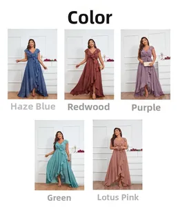 Detail view of V-neck chiffon plus size evening dresses in five elegant pastel colors