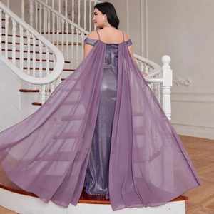 Elegant purple plus size evening gown with sparkling sequins and long chiffon cape