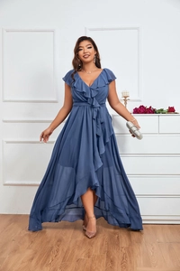 Detail of V-neck ruffle neckline and waist tie on this elegant dark blue chiffon dress