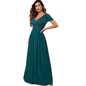 Elegant dark green V-neck evening gown with pleated waist and flowing chiffon maxi skirt