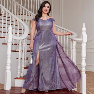 Elegant purple sequin evening gown featuring a high slit and chiffon cape detail