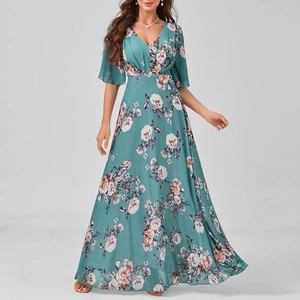 Detail of teal floral maxi dress with V-neckline and ruffled sleeves in light chiffon