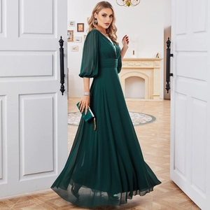 Elegant dark green V-neck chiffon evening gown with sheer lantern sleeves and high waist