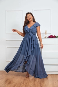 Detail of high-low chiffon dress featuring V-neckline and ruffled layers in dusty blue
