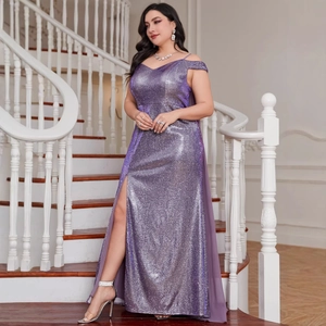 Elegant purple sequin plus size evening gown with spaghetti straps and long cape