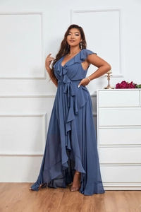 Detail of dark blue V-neck chiffon dress with elegant ruffles and irregular hemline