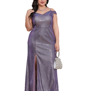 Elegant plus size purple sequin evening gown with a high slit and backless design