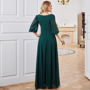 Elegant dark green chiffon evening dress with lantern sleeves and slim waist A-line skirt
