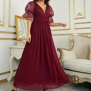 Elegant wine red evening dress with lace short sleeves and flowing chiffon maxi skirt