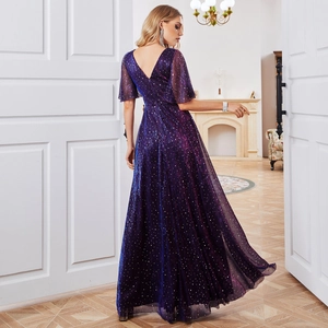 Elegant purple sequined evening dress with V-neck back and flutter sleeves for formal events
