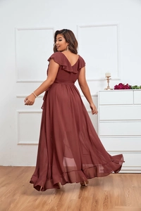 Elegant wine red chiffon maxi dress with deep V-back and layered ruffle details