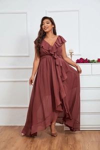 Elegant plus size chiffon maxi dress with ruffled V-neckline and irregular hemline