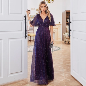 Elegant deep purple V-neck evening dress with shimmering finish and ruffle sleeves