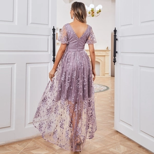 Elegant purple V-neck evening gown featuring floral lace embroidery and a high-waisted flowy skirt