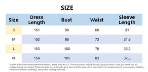 Tableau des tailles détaillé pour robe en mousseline avec mesures buste, taille et longueur