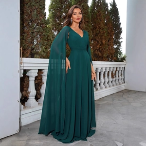 Elegant emerald green deep V-neck evening gown with chiffon cape sleeves and A-line skirt
