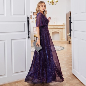 Elegant purple gradient evening gown with glitter texture and flare sleeves for women